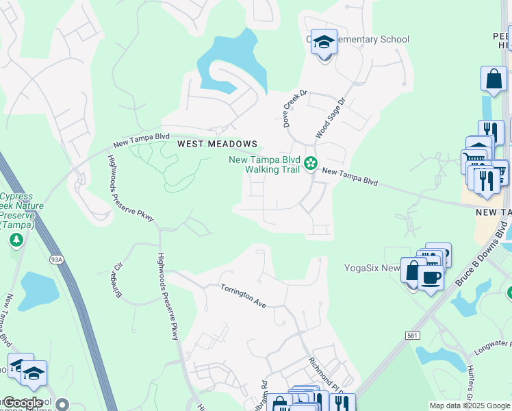map of restaurants, bars, coffee shops, grocery stores, and more near 18916 Wood Sage Drive in Tampa