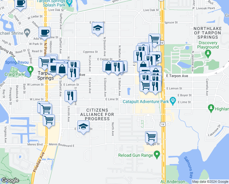 map of restaurants, bars, coffee shops, grocery stores, and more near 301 South Disston Avenue in Tarpon Springs