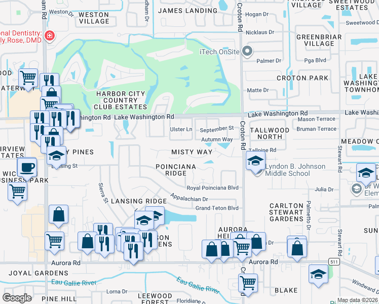 map of restaurants, bars, coffee shops, grocery stores, and more near 2318 Misty Way Lane in Melbourne