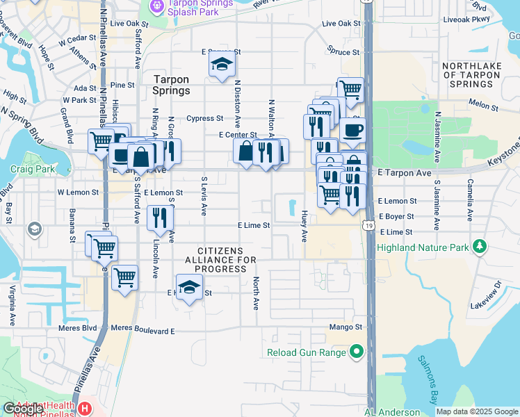 map of restaurants, bars, coffee shops, grocery stores, and more near 300 South Walton Avenue in Tarpon Springs