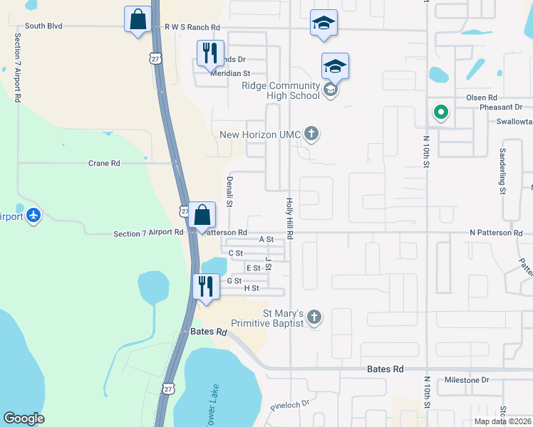 map of restaurants, bars, coffee shops, grocery stores, and more near 390 Patterson Road in Haines City