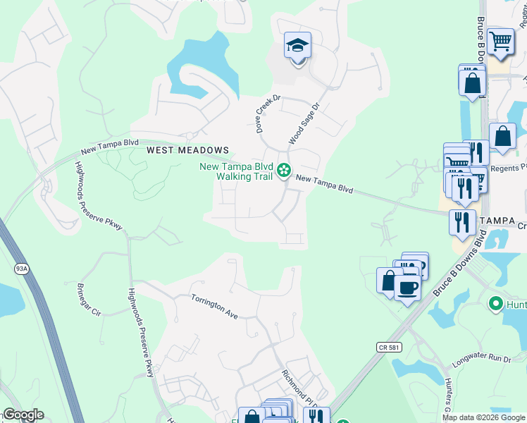 map of restaurants, bars, coffee shops, grocery stores, and more near 18938 Wood Sage Drive in Tampa