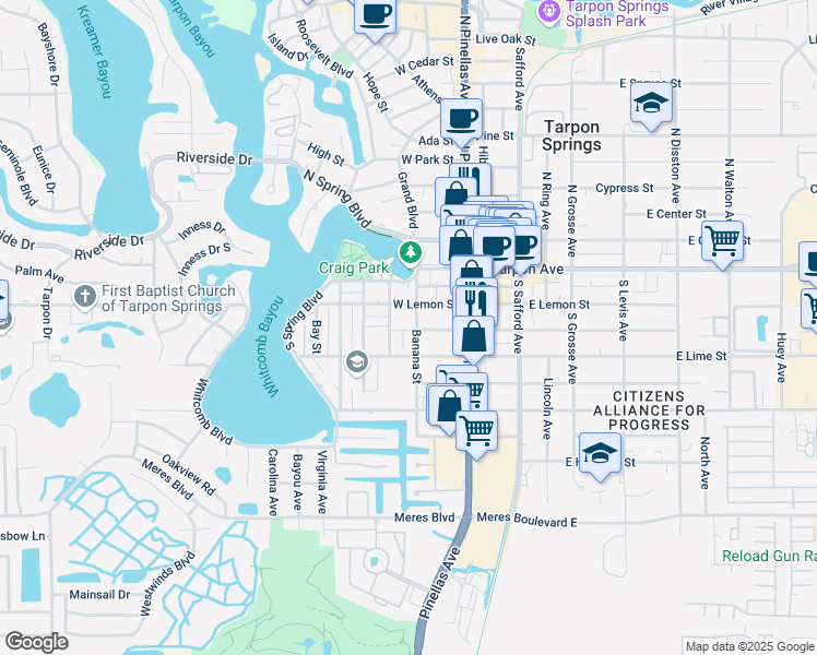map of restaurants, bars, coffee shops, grocery stores, and more near 219 Bath Street in Tarpon Springs