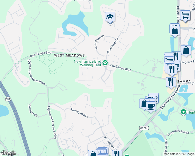 map of restaurants, bars, coffee shops, grocery stores, and more near 18938 Wood Sage Drive in Tampa