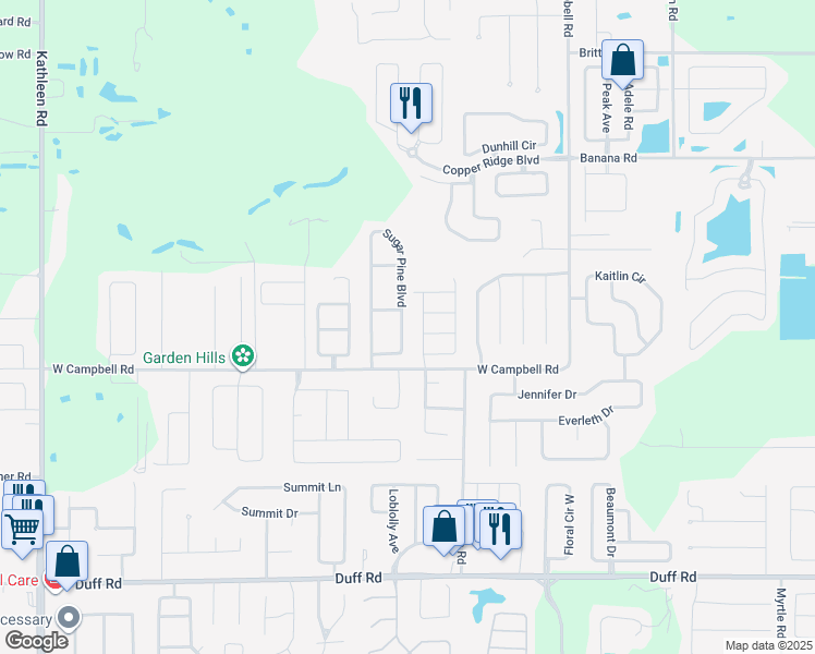 map of restaurants, bars, coffee shops, grocery stores, and more near 8004 Sugar Pine Boulevard in Lakeland