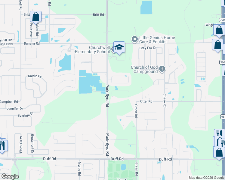 map of restaurants, bars, coffee shops, grocery stores, and more near 8005 Park-Byrd Road in Lakeland