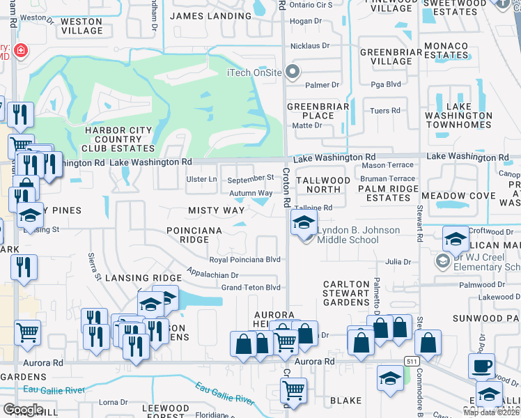 map of restaurants, bars, coffee shops, grocery stores, and more near 2332 Skywind Circle in Melbourne
