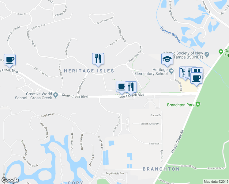 map of restaurants, bars, coffee shops, grocery stores, and more near 18108 Palm Beach Drive in Tampa