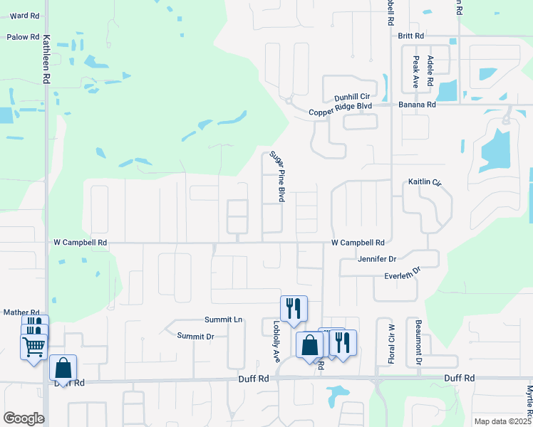 map of restaurants, bars, coffee shops, grocery stores, and more near 7833 Sugar Pine Boulevard in Lakeland