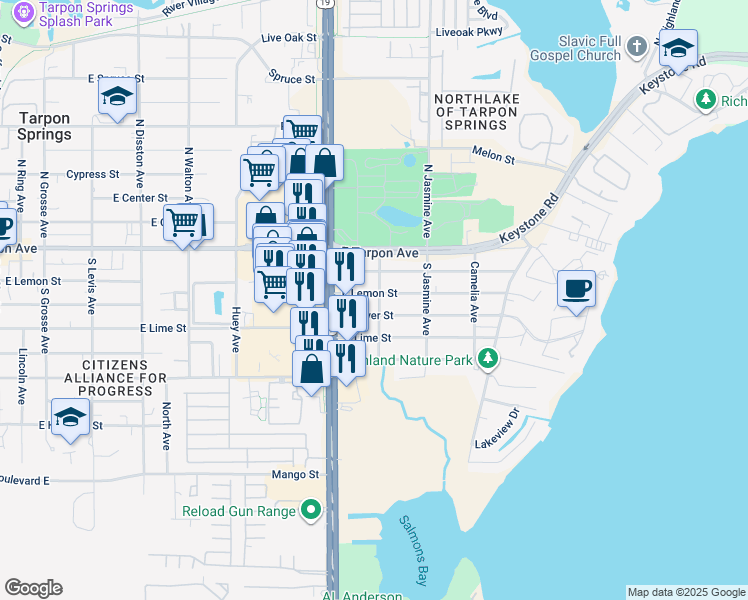 map of restaurants, bars, coffee shops, grocery stores, and more near 1020 East Lemon Street in Tarpon Springs