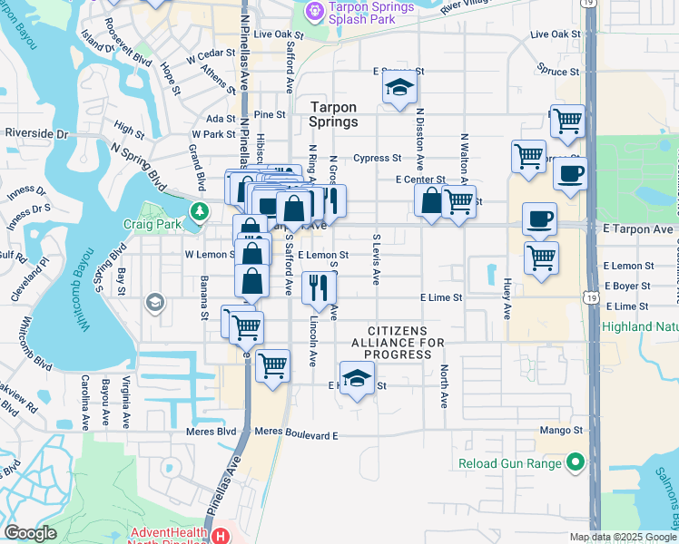 map of restaurants, bars, coffee shops, grocery stores, and more near 409 East Boyer Street in Tarpon Springs