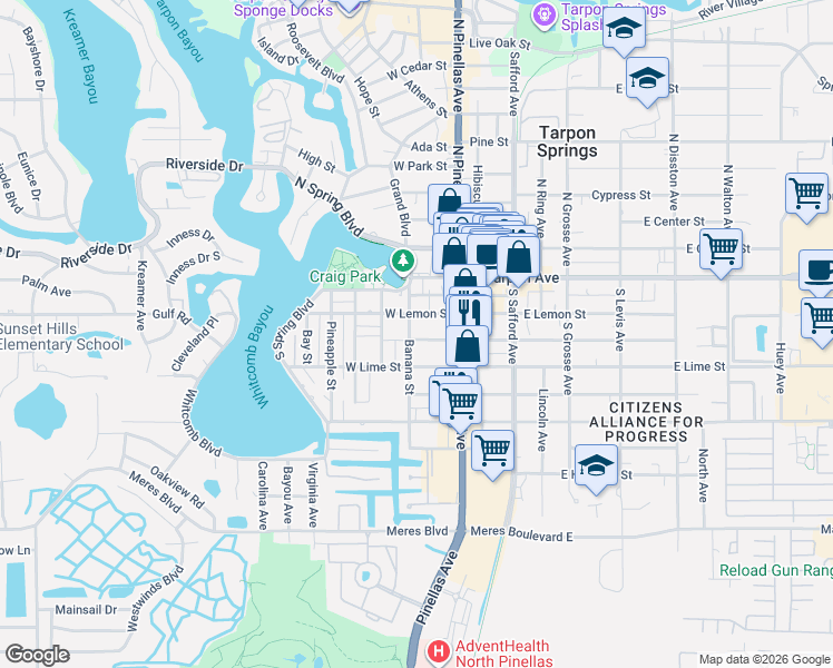 map of restaurants, bars, coffee shops, grocery stores, and more near 217 Banana Street in Tarpon Springs