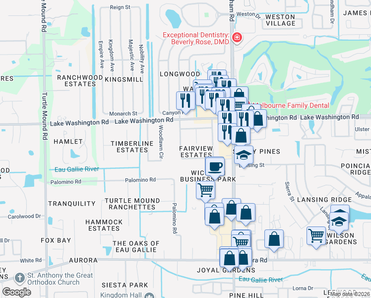 map of restaurants, bars, coffee shops, grocery stores, and more near 3256 Fairview Drive in Melbourne