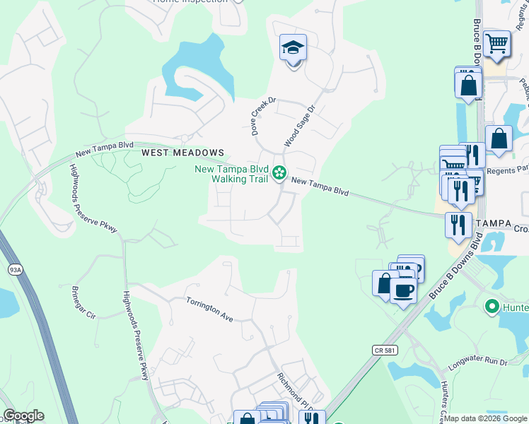 map of restaurants, bars, coffee shops, grocery stores, and more near 18938 Wood Sage Drive in Tampa