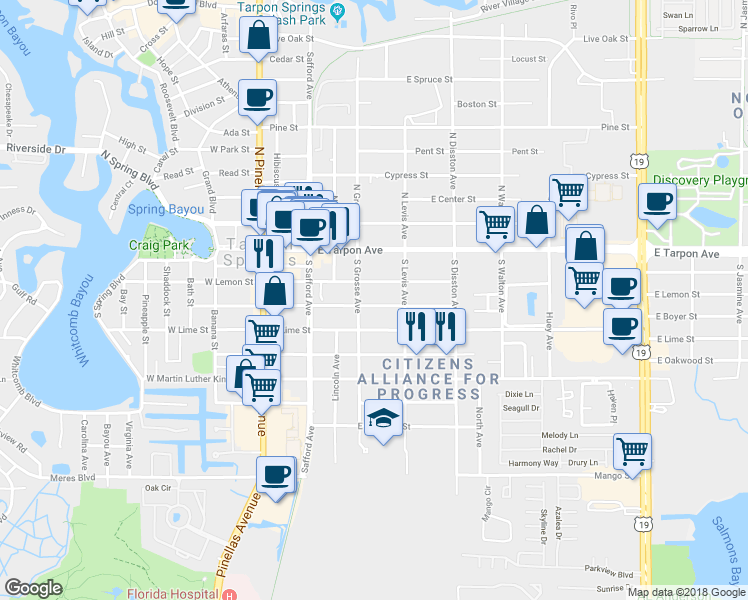 map of restaurants, bars, coffee shops, grocery stores, and more near 409 E Boyer St in Tarpon Springs