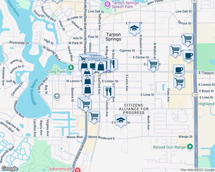 map of restaurants, bars, coffee shops, grocery stores, and more near 303 East Boyer Street in Tarpon Springs