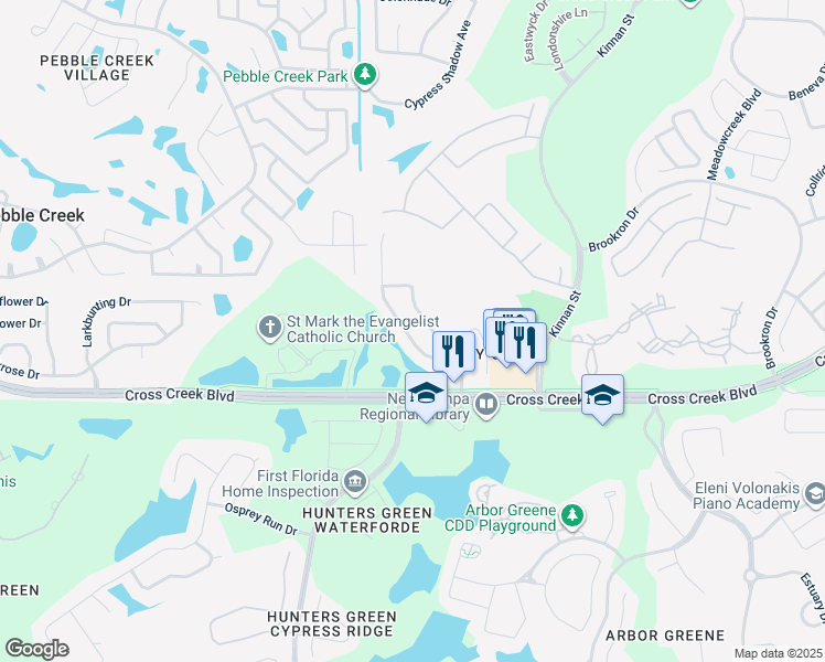 map of restaurants, bars, coffee shops, grocery stores, and more near 18123 Sweet Jasmine Drive in Tampa