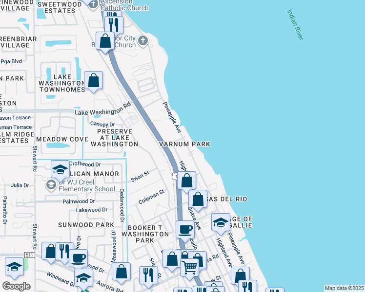 map of restaurants, bars, coffee shops, grocery stores, and more near 2300 Pineapple Avenue in Melbourne