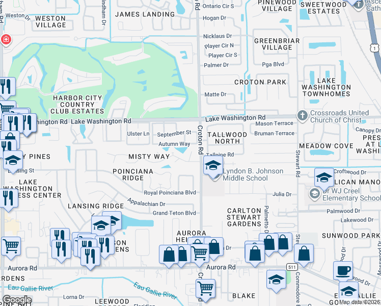 map of restaurants, bars, coffee shops, grocery stores, and more near 2332 Skywind Circle in Melbourne