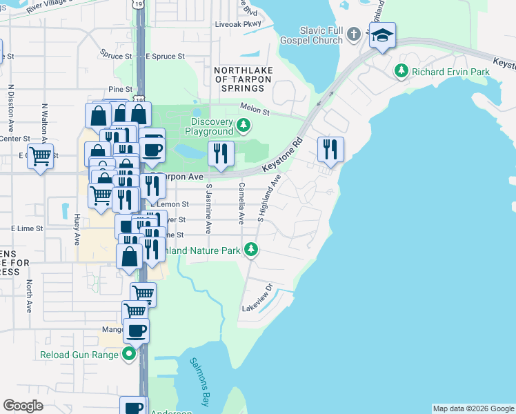 map of restaurants, bars, coffee shops, grocery stores, and more near 301 South Highland Avenue in Tarpon Springs