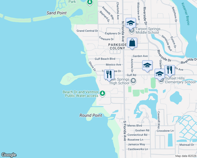 map of restaurants, bars, coffee shops, grocery stores, and more near 1719 Gulf Road in Tarpon Springs