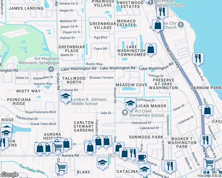map of restaurants, bars, coffee shops, grocery stores, and more near 1636 Stewart Place in Melbourne