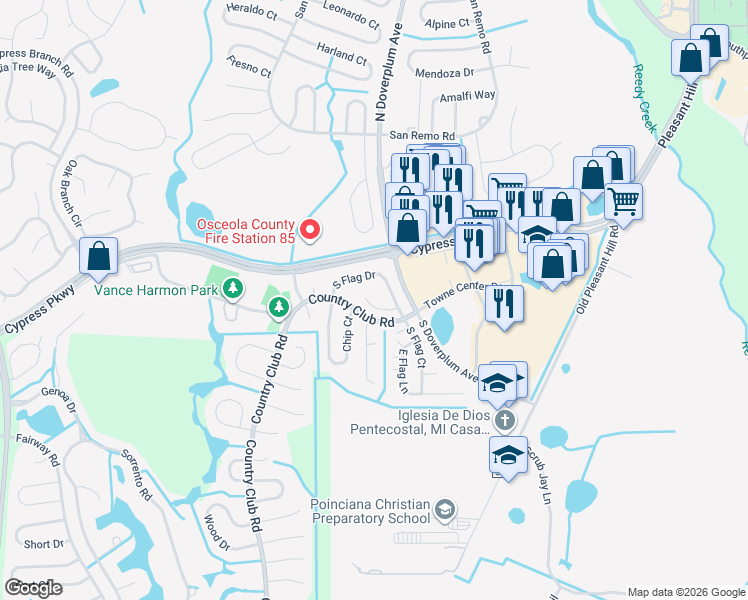 map of restaurants, bars, coffee shops, grocery stores, and more near 711 East Flag Way in Kissimmee