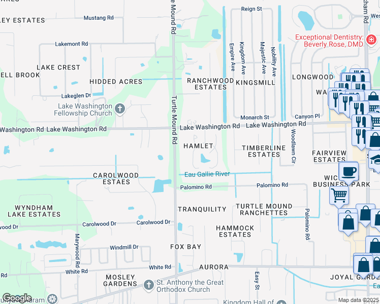 map of restaurants, bars, coffee shops, grocery stores, and more near 2312 Hamlet Drive in Melbourne