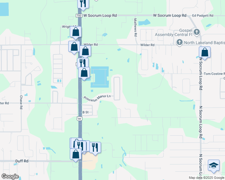 map of restaurants, bars, coffee shops, grocery stores, and more near 8021 Princeton Manor Circle in Lakeland