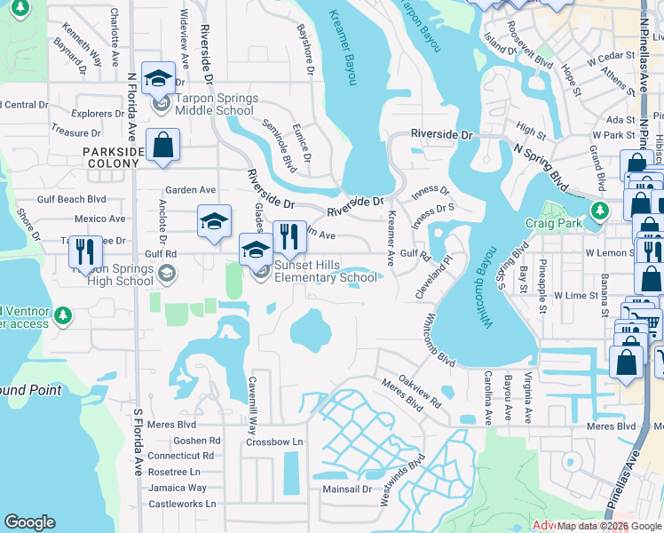 map of restaurants, bars, coffee shops, grocery stores, and more near 1021 Gulf Road in Tarpon Springs