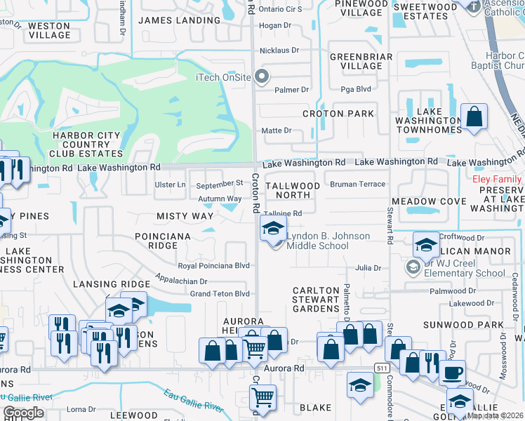 map of restaurants, bars, coffee shops, grocery stores, and more near 2318 Golfwood Road in Melbourne