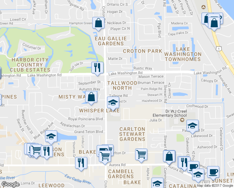 map of restaurants, bars, coffee shops, grocery stores, and more near 1960 Tallpine Rd in Melbourne