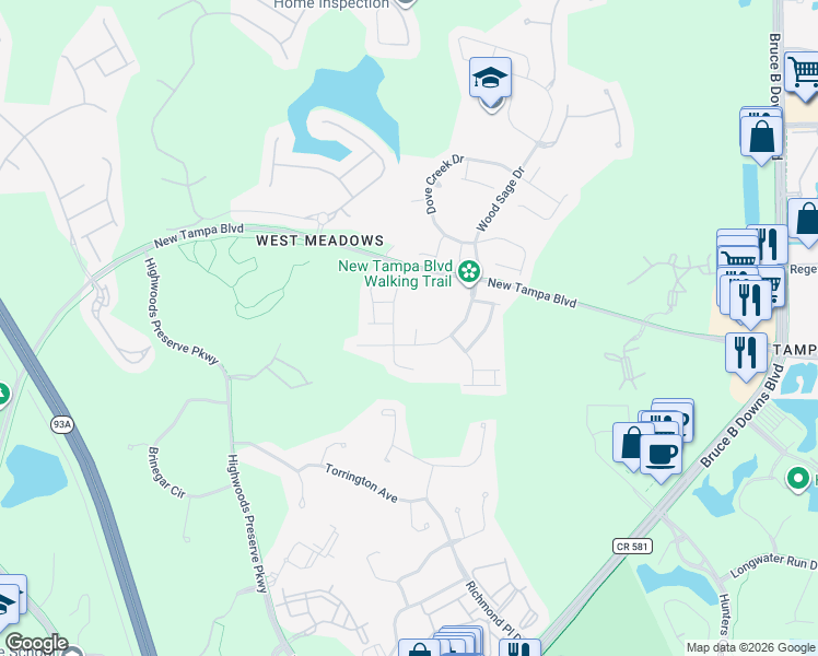 map of restaurants, bars, coffee shops, grocery stores, and more near 18908 Geranium Place in Tampa