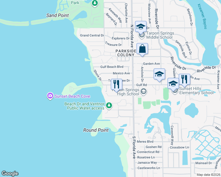 map of restaurants, bars, coffee shops, grocery stores, and more near 1719 Gulf Road in Tarpon Springs
