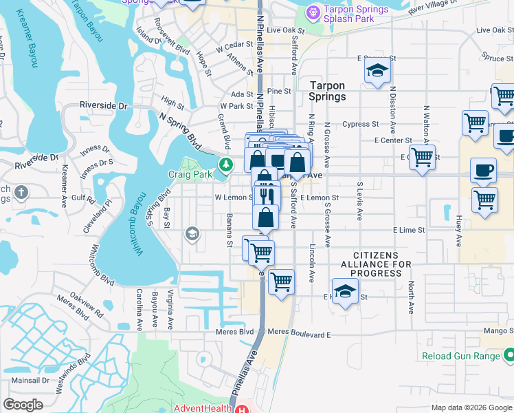 map of restaurants, bars, coffee shops, grocery stores, and more near 210 South Pinellas Avenue in Tarpon Springs