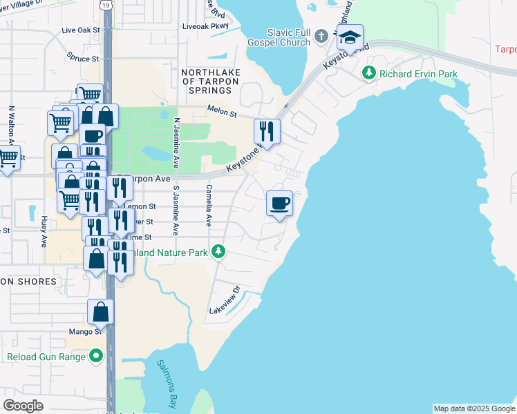 map of restaurants, bars, coffee shops, grocery stores, and more near 301 Forest Heights Drive in Tarpon Springs
