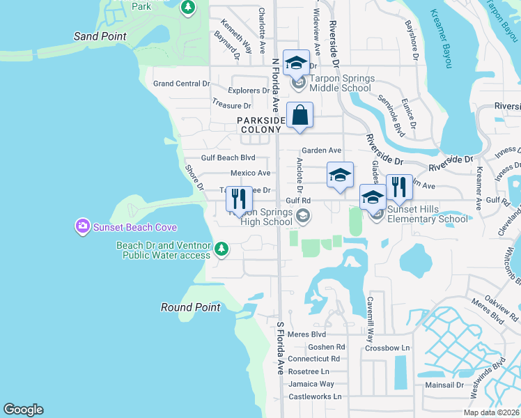 map of restaurants, bars, coffee shops, grocery stores, and more near 1605 Gulf Road in Tarpon Springs