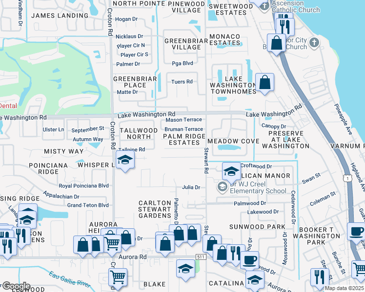 map of restaurants, bars, coffee shops, grocery stores, and more near 1724 Stewart Place in Melbourne