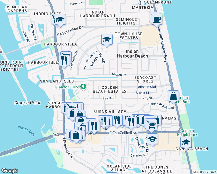 map of restaurants, bars, coffee shops, grocery stores, and more near 243 Harbour Drive West in Indian Harbour Beach