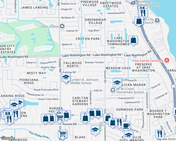 map of restaurants, bars, coffee shops, grocery stores, and more near 1794 Stewart Place in Melbourne