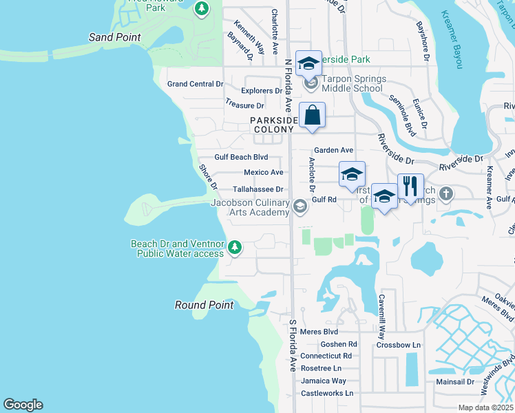 map of restaurants, bars, coffee shops, grocery stores, and more near 1629 Gulf Road in Tarpon Springs