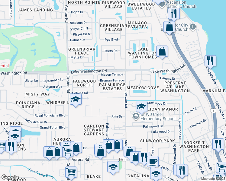 map of restaurants, bars, coffee shops, grocery stores, and more near 1724 Stewart Place in Melbourne