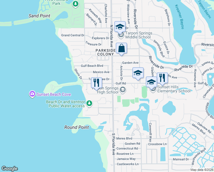 map of restaurants, bars, coffee shops, grocery stores, and more near 1605 Gulf Road in Tarpon Springs