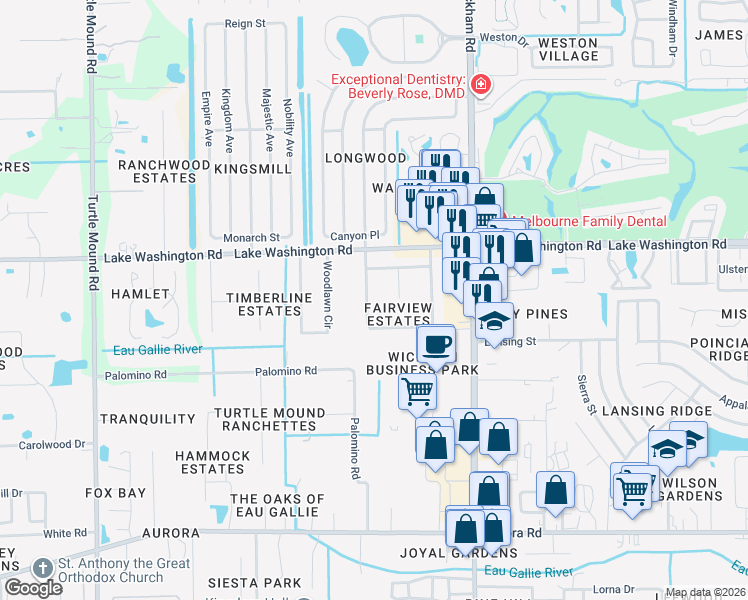 map of restaurants, bars, coffee shops, grocery stores, and more near 3256 Fairview Drive in Melbourne