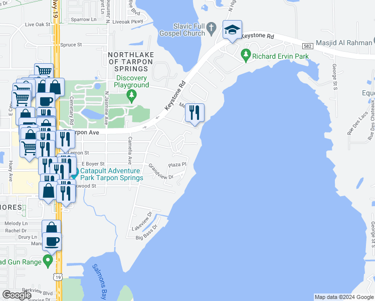 map of restaurants, bars, coffee shops, grocery stores, and more near 90 South Highland Avenue in Tarpon Springs