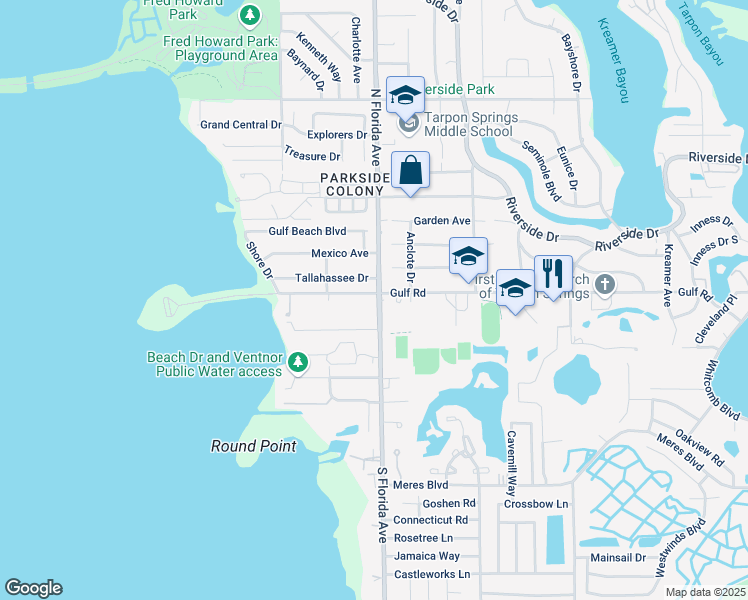 map of restaurants, bars, coffee shops, grocery stores, and more near 1605 Gulf Road in Tarpon Springs