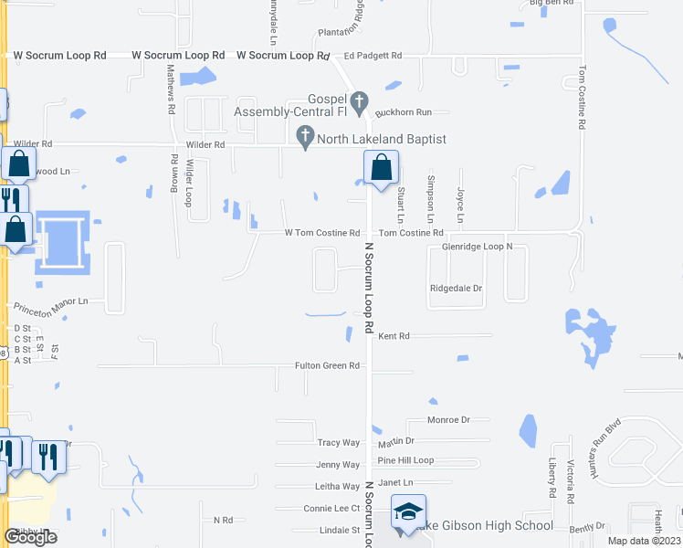 map of restaurants, bars, coffee shops, grocery stores, and more near 122 Oak Run Drive in Lakeland