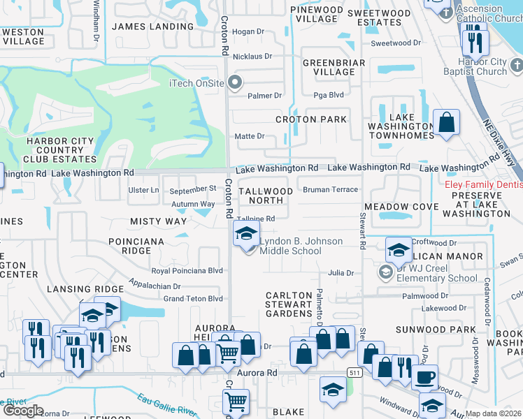 map of restaurants, bars, coffee shops, grocery stores, and more near 1960 Tallpine Road in Melbourne