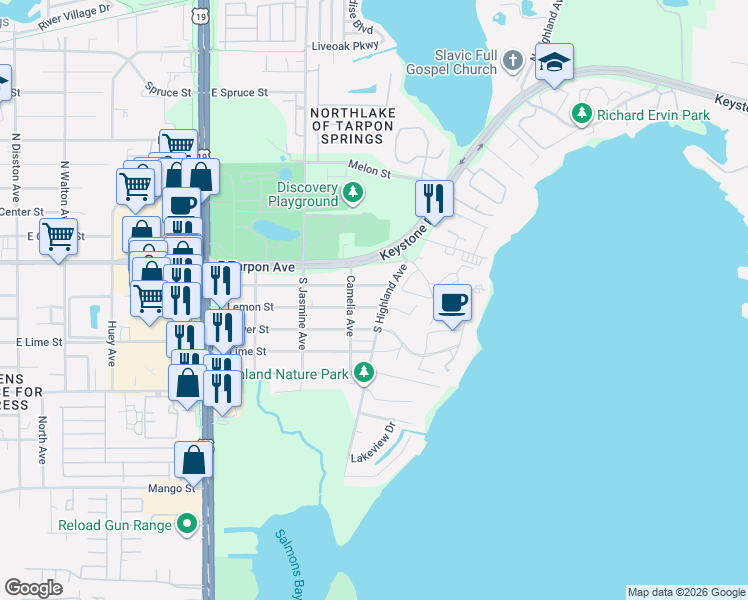 map of restaurants, bars, coffee shops, grocery stores, and more near 301 South Highland Avenue in Tarpon Springs
