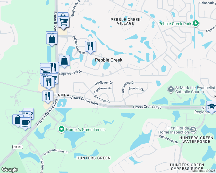 map of restaurants, bars, coffee shops, grocery stores, and more near 9225 Sunflower Drive in Tampa